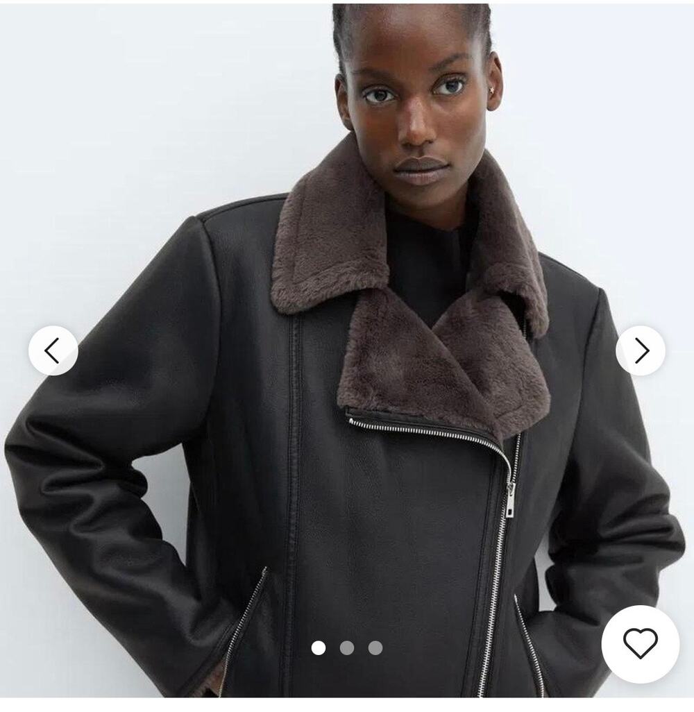 Mango Black and Brown Faux Leather Jacket Faux Fur Lined inside Large